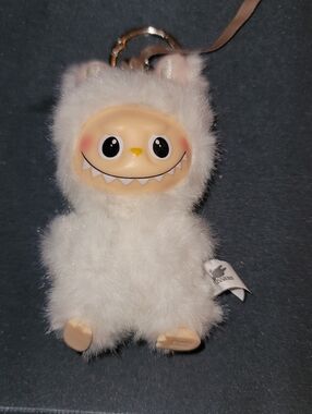 Plush White Mini Labubu "A" Furry Monster Keychain